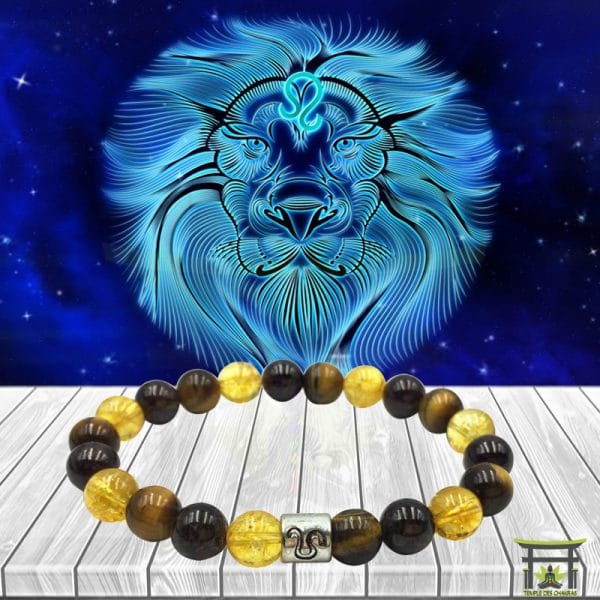 Bracelet Astro Lion en Citrine, Grenat et œil de tigre sur plancher en bois et fond astrale
