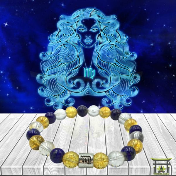 Bracelet Astro Vierge en Citrine, Lapis Lazuli et Cristal de Roche sur plancher en bois et fond astrale