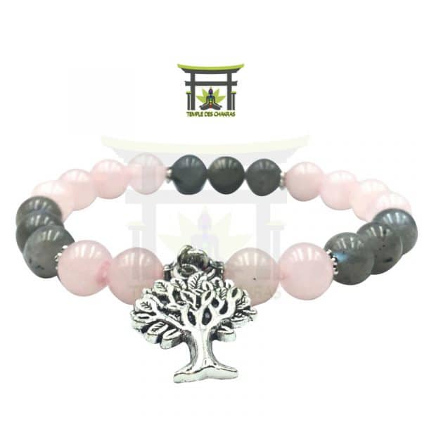 Bracelet de protection en quartz rose et labradorite avec un arbre de vie