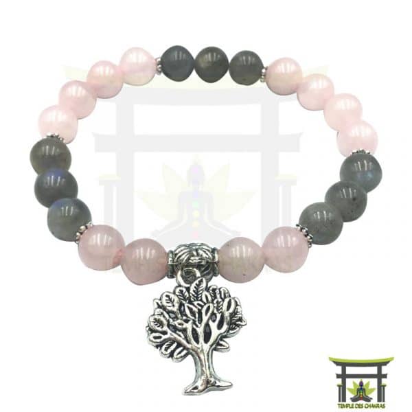 Bracelet de protection en quartz rose et labradorite avec un arbre de vie